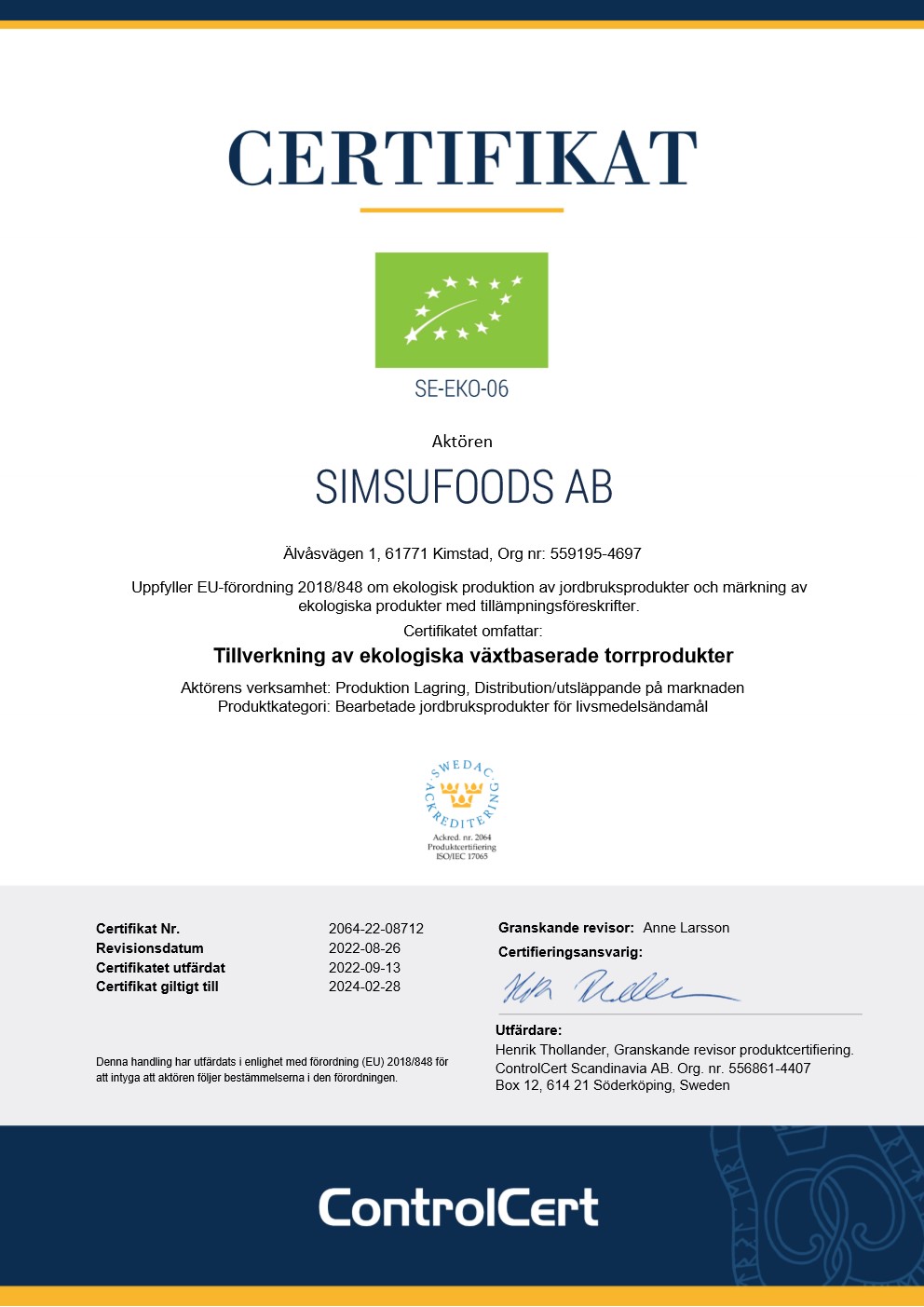 Certifikat Ekologisk hantering - SimSuFoodS AB 2022-09-13_1