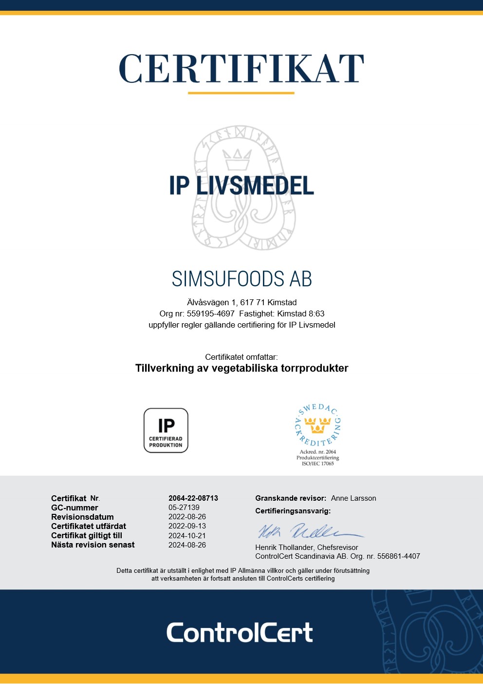 Certifikat IP Livsmedel - SimSuFoodS ab 2022-09-13 - Kimstad_1